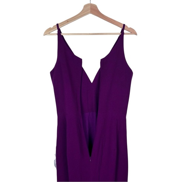 DRESS THE POPULATION IRIS DARK MAGENTA CREPE FITTED HIGH SLIT FLOOR LENGTH GOWN - Picture 11 of 14